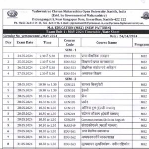 यशवंतराव चव्हाण महाराष्ट्र मुक्त विद्यापीठ परीक्षांचे 2024 मे चे  वेळापत्रक जाहीर